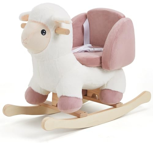 labebe - Baby Sheep Rocking Horse, Kids Plush Stuffed Rocking Animals, Ovis Aries Rocker with Seatbelt for 6 Months Babies, White Romney Rocking Horse for Toddler 1-3 Age Girl