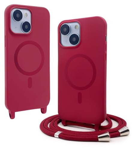VAVAVOOMY Handykette Hülle für iPhone 13(6.1) mit Band Halsband Lanyard (abnehmbar) Handyhülle, Verstellbarer Lanyard.Magnetisch Stoßfest Silikonhülle Wireless Charging kompatibel .-Rot