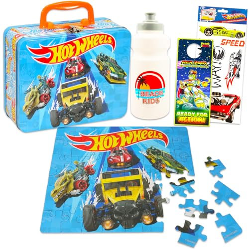 Hot Wheels Tin Lunch Box Puzzle Set - Bundle of Race Car Lunchbox with 48 Piece Puzzle, Water Bottle, Stickers, More | Hot Wheels School Supplies