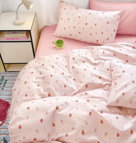 AShanlan Bettwäsche Baumwolle 140x200 Rosa Erdbeeren Kawaii Bettwäsche-Sets mit Reißverschluss ÖkoTex Zertifiziert - 1 Bettbezug 140 x 200 cm und 1 Kissenbezug 70x90 cm
