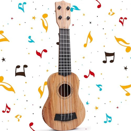 Mini Gitarre, Kindergitarre, Kunststoff Spielzeug Gitarre, Ukulele Gitarre Spielzeug, Gitarre Spielzeughen, Ukulele Kinder mit 4 Verstellbaren Seiten, für Kleinkinder (38cm / Hellbraun)