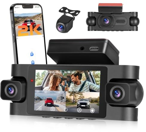 3 Zoll 2K 4 Kanal Dashcam mit IPS Bildschirm WLAN inkl. 64‑GB‑TF‑Karte | Dashcam mit Handy App‑Steuerung und G‑Sensor 360°‑Weitwinkel Loop Aufnahme und Nachtsicht für sichere Fahrt und Überwachung