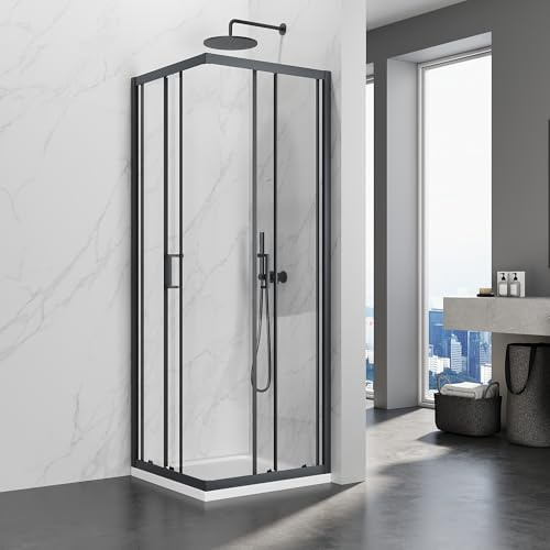 SIRHONA Cabine de Douche 76x76x195 cm Coulissante à Double Ouverture, Noir, Porte de Douche en Verre à Deux Panneaux Fixes avec Verre Transparent de 5 mm, Réglable d'un seul côté 20 mm
