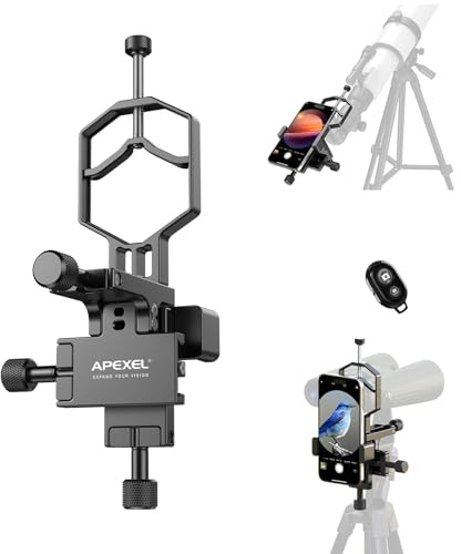 APEXEL 3-Axis Metal Telescope Phone Adapter with Bluetooth, CNC metal frame | XYZ-3 axis precision adjustment, compatible with binoculars, monoculars, and microscopes with 20-60mm eyepieces