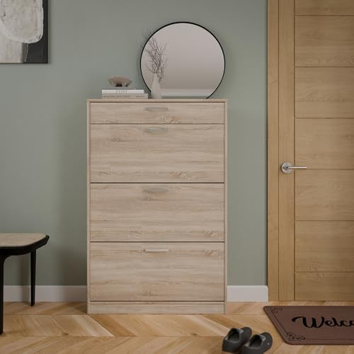 Forte NIKO Schuhschrank 80, Skandi-Schrank, 4 Schublade, Holzwerkstoff, Flur, Abstellraum, Sonoma Eiche Holzdekor, 83,2 cm breit x 127,7 cm hoch x 20,4 cm tief
