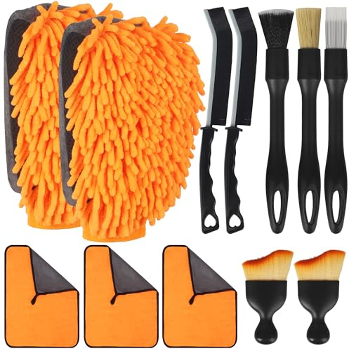 12 Teiliges Autopflege-Set,Waschhandschuh Auto – 3 Mikrofasertücher, 2 Mikrofaser-Waschhandschuhe, 2 Weiche Innenraum-Bürsten, 3 Detailbürsten, 2 Spaltbürsten,Premium-Reinigungsset für Auto & Haushalt