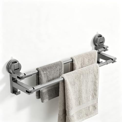 Yallmie Porte Serviette Ventouse, 52 a 90cm Double Barre Porte Serviette Mural Telescopique Sans Perçage, Porte-Serviettes à Ventouse en Métal avec Crochet, Support Serviettes Salle de Bain et Cuisine