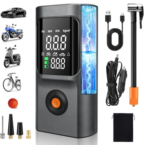 Ordriv Car Tyre Inflator Air Compressor Cordless DC 12V Car Tire Pump 150PSI Fast Inflate Air Compressor with Digital Dual Values Display and Battery Display for Cars, Bikes, Motorcycle, Balls