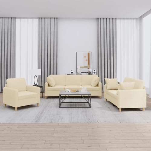 Teenpull 3-TLG. Sofagarnitur, Creme Stoff, Atmungsaktiv, Robust, Bequem, für Wohnzimmer Möbel, 1 Sessel, 2-Sitzer, 3-Sitzer Sofa Set
