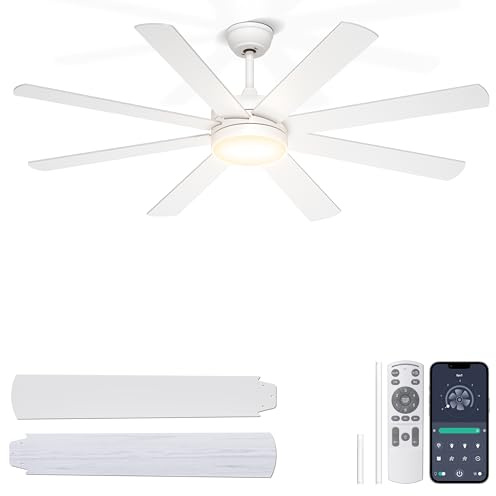 Ohniyou Ventilatore da Soffitto da 152 cm con Luce, Silenzioso, Ventilatori da Soffitto Moderni con Telecomando/app, Luce Regolabile, Motore DC Reversibile per Terrazza, Interni ed Esterni, Bianco