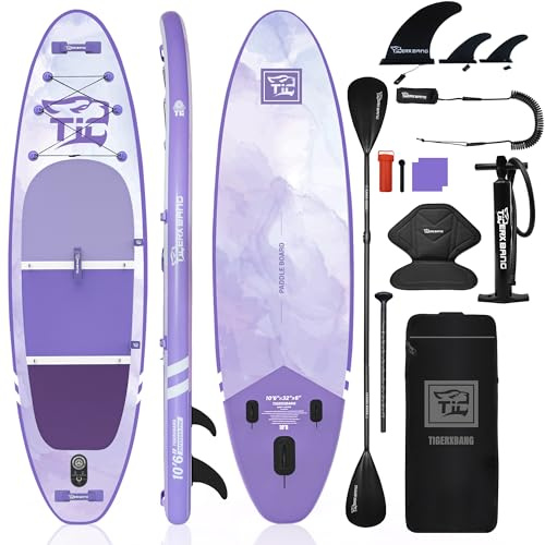 TIGERXBANG aufblasbares Paddleboard 320x82x15cm, UV-geschütztes SUP Lila mit Gradient, Sitz, verstellbares Paddel und komplettes Zubehör, stabiles Allround-Design