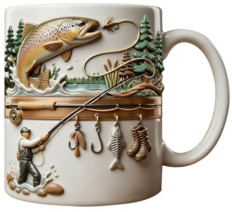 Hemoravoma 2D Fly Fishing Ceramic Mug for Men, 350ml Funny Novelty Coffee Cup Desk Decor for Anglers Ideal for Camping, Hiking, Outdoor Adventures & Home Party Whiskey Beer Glass