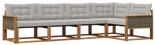 vidaXL Outdoor-Sofagarnitur mit Kissen 5 pcs Natürlich und Hellgrau, Moderne Gartenmöbel, Sofa-Kollektion und robuste Terrassenbestuhlung, gemütliche Lounge-Einheit