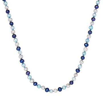 Valero Pearls Damen Perlenkette 925/- Sterling Silber mit Potato Süßwasser-Zuchtperlen 6-7 mm Multicolor - Perlenhalskette Dunkelblau Hellblau Silber
