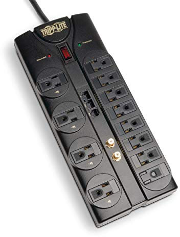 Tripp Lite 12 Outlet Surge Protector Power Strip, 8ft Cord, Right-Angle Plug, Tel/Modem/Coax/Ethernet Protection, RJ11, RJ45, 250,000 INSURANCE (TLP1208SAT)