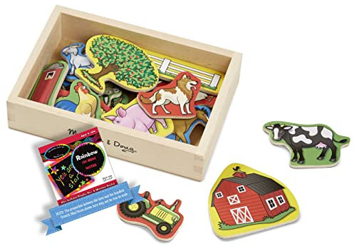 Melissa & Doug 20 Magnete in einer Box aus Holz mit Bauernhof-Motiv, Geschenk-Set + Mini-Pad-Set zum Rubbeln [2791]