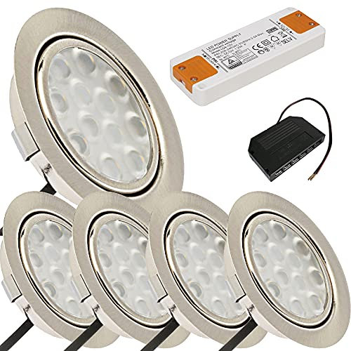 Lichtfaktor24 Möbeleinbauleuchten 65mm LED 12V super flach 5 x 3W Einbaustrahler Leonie mit LED Trafo und Mini Verteiler 3000K Warmweiß Lochausschnitt: 58 bis 60mm