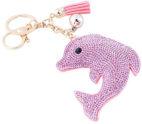 Soleebee Leder Süße Rosa Keychain Bling Kristallstrass Taschen Koffer Rucksäcke Zubehör Charm Auto Schlüsselanhänger Schlüsselring mit Quasten für Damen Mädchen (Delphin)