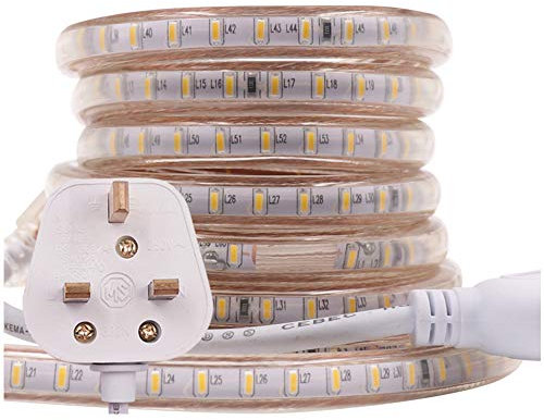 GQL 25m LED Strip AC 220V 240V IP65 Waterproof 3014 SMD 120LEDs/m Commercial Rope Light, Warm White Ribbon for Home Kitchen Cabinets Ceiling Garden Decoration UK Plug