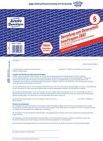 AVERY Zweckform 2882 Formular Datenschutzbeauftragter (nach DSGVO, A4, selbstdurchschreibend, 2-fach Satz, Datenschutzformular) 5 Stück weiß