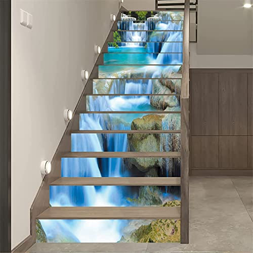FLFK 3D Steinwasserfall Rock Selbstklebend Treppen Aufkleber Vinyl Abnehmbare Aufkleber für Treppenhaus Zuhause Dekoration 39.3Zoll x7.08Zoll x13 stücke