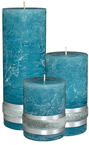 Badidi Türkis Kerzen Deko Set - Modern Wohnzimmer Dekoration - Home Deko Stumpenkerzen Türkis - Tischdeko - Dekoration Esstisch - 3er Kerzenset - 3 x Kerze Türkis - Größe 9, 12,5, 19cm Hoch, Ø 7cm