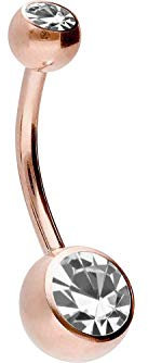 PIERCINGLINE Bauchnabelpiercing Titan 2 KUGELN MIT KRISTALL Piercing Bananabell Banane Roségoldfarben Kristallklar 6 mm