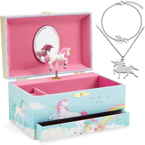 Jewelkeeper Einhorn Spieluhr & Schmuckset für kleine Mädchen - Edelstahl - 3 Einhorngeschenke für Mädchen, Halskette, Armband - Einhorn Blau mit Regenbogen