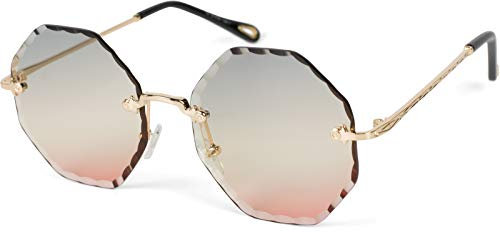 styleBREAKER Damen Runde Sonnenbrille Rahmenlos mit getönten Gläsern im Diamant Schliff, Geprägte Bügel, Vieleckige Gläser 09020118, Farbe:Gestell Gold/Glas Grau-Apricot Verlauf