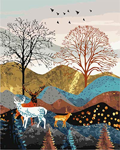 WOWDECOR Art Supplies Deer Animals Tree Mountain DIY Paint by Numbers Kits 40 x 50cm with Painting Brushes Canvas (Deer, No Frame)