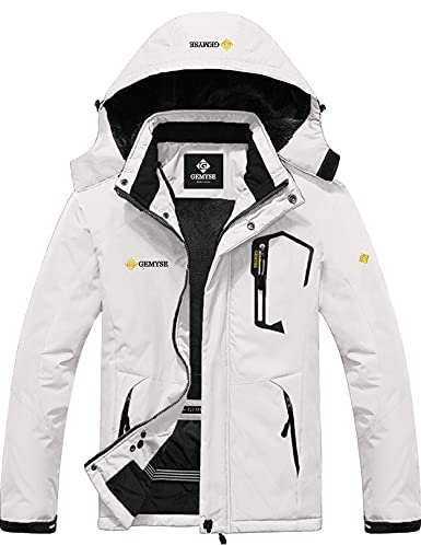 GEMYSE Herren Wasserdichte Berg-Skijacke Winddichte Fleece Outdoor-Winterjacke mit Kapuze (Weiß 01,2XL)