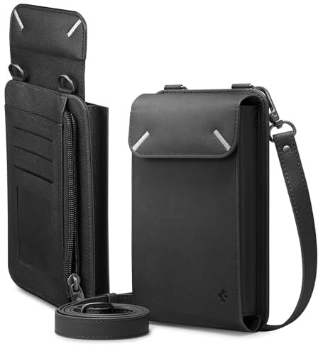 Spigen Valentinus Sac à bandoulière pour téléphone portable Compatible avec tous les téléphones portables jusqu'à 6,8 pouces Porte-monnaie Porte-cartes - Noir