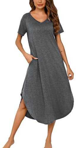 Nieery Camisón Mujer Tallas Grandes Algodon Verano Camisones Manga Corta con Bolsillos S-3XL