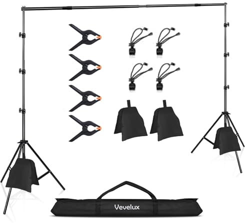 Vevelux 2.6 x 3 M Foto Hintergrund Ständer, Verstellbarer Hintergrundsystem mit 4 Klammer, 2 Sandsack & Tragetasche für Innenfotografie und Videoaufnahme