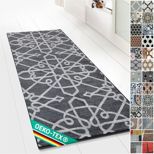 Floordirekt Teppichläufer mit Muster - maßgefertigter Feinschlingen Teppich Läufer für Küche, Flur & Wohnraum - Ornament Vintage Orient Gitter (80 x 350 cm, Navelli Schwarz)