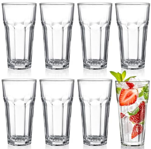 Yopay Set of 8 Highball Drinking Glasses, 12oz Lead-Free Tempered Water Glasses Thick Heavy Base, Clear Iced Hot Tea Glassware for Cocktail, Juice, Milkshake, Coke, Stackable