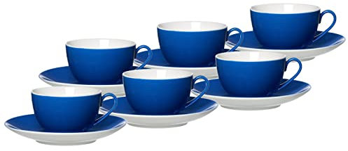 Ritzenhoff & Breker Doppio Kaffeetassen mit Untertassen, 6er Set, 200 ml, Indigo Blau, Porzellan, Buntes Mix-und-Match-Geschirr