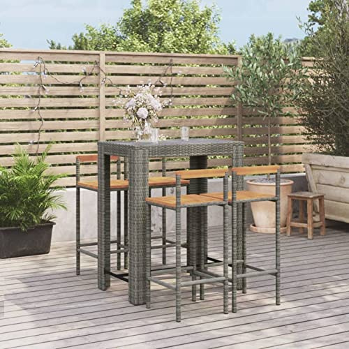 Tidyard 5-TLG. Gartenbar Set, Bartisch mit Barhocker Set, Bartisch Set Outdoor, Bar Set, Grau Poly Rattan & Massivholz Akazie