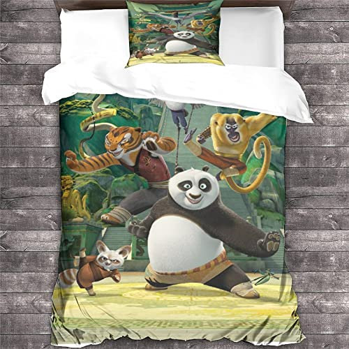 NOOFIE Kung Fu Panda Bettwäsche Set Kinder Mikrofaser Bettwäsche Animation 3D Gedruckt Bettbezug 3 Teilig Mit ReißVerschluss,Soft Kinder Bettwaren Single(135x200cm)