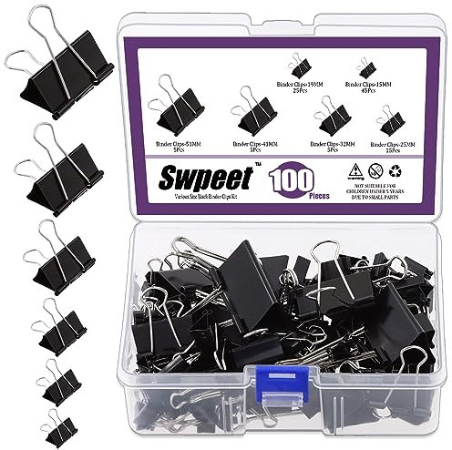 Swpeet 100Pcs Metal Black Binder Clips, pinces de papier, plier les pinces arrière - 6 tailles de X grand à micro pour le bureau, la maison, l'école, la salle de classe