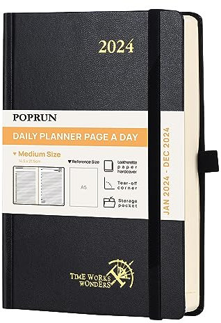POPRUN Kalender 2024 Tagesplaner 21,5 x 14,5 cm, Tageskalender 1 Tag 1 Seite (Montag - Sonntag), 12-Monate-Terminplaner (Jan.2024-Dez.2024) mit Hardcover, Stiftschlaufe - Schwarz