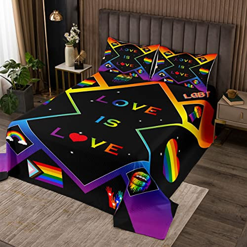 Liebe ist Liebe Coverlet Set M Größe, LGBT Aquarell Regenbogen Herz Tagesdecke mit 2 Kissenbezug, Sterne Kunst Geometrische weiche Polyester gesteppte Set für Jungen Teens Zimmer Geschenk, 3pcs