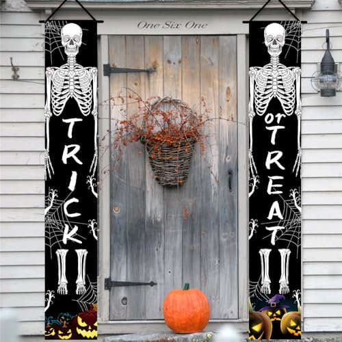 Halloween Trick or Treat Türbanner, Totenkopf Party Deko, Willkommens Veranda Schild für Tor, Garten, Haustür, Zuhause - Outdoor Party Dekoration