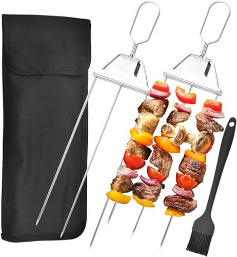 3 Way Grill Skewers 2PCS BBQ Skewers, Reusable Kebab Skewers, Metal Skewers for Kebabs, Chicken 3 The Way Skewers for Outdoor Grill, Skewers Stainless Steel, Easy to Use Push Bar Slider
