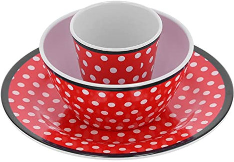 Melamine Dinner Set, Red Dot Patterns Reusable Dinnerware Set with Salad Bowl Fruit Plate and Mug for Home Restaurant Party