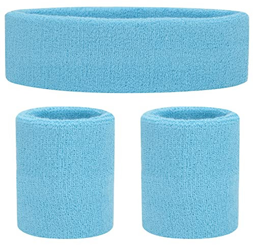 ONUPGO Schweißbänder Set Stirnband Armbänder Neon Sport Fitness 80er Kostüme Zubehör 80er Workout Outfit für Männer Frauen (Light Blue 2897)