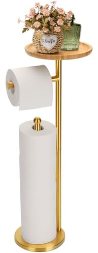 Toilet Paper Holder Stand with Bamboo Shelf, Sturdy Free Standing Tissue Roll Holder for 5 Toilet Paper Rolls, Rust-Proof & Heavy Stainless Steel Base - Gold