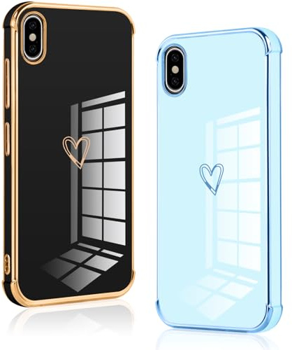 Vauki 2 Stück für iPhone XS/X Hülle, Silikon Handyhülle Herz Motiv Schutzhülle Kameraschutz Stoßfest Bumper Case für iPhone XS - Schwarz und Blau
