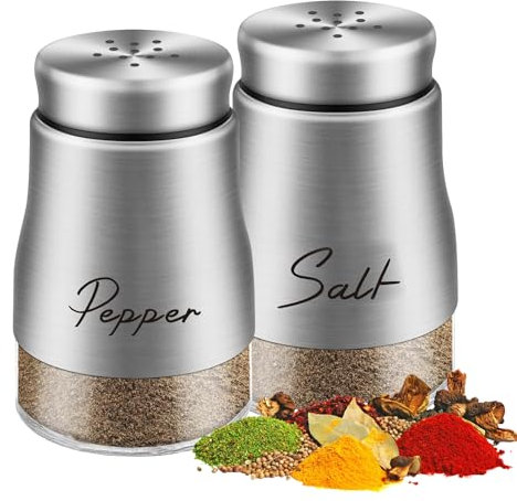 Juego de salero y pimentero, base de cristal, 120 ml, salero con tapa de acero inoxidable, dispensador de especias, accesorios de cocina para el hogar, cocina, restaurante, mesa de comedor (plata)