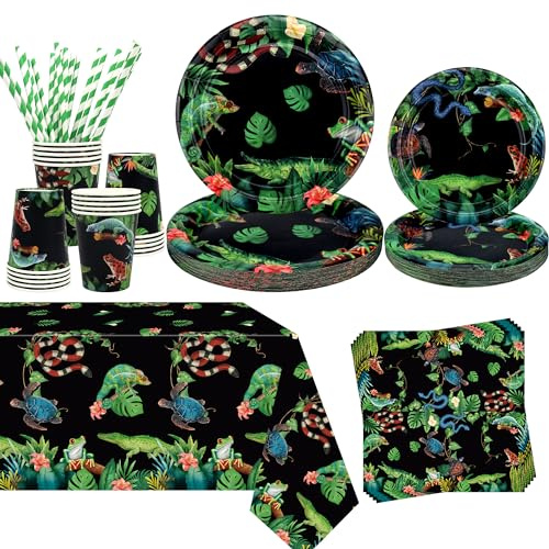 Obussgar Reptile Birthday Party Decorations - Reptile Party Supplies including Plates, Cups, Napkins, Straws, Tablecloths - Serves 20